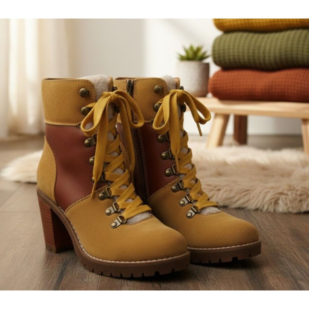 Frye and Co. Ankle Boots Cognac Rayner Hiker Shearling Trim Womens Size 7.5